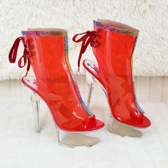 Clear Red Platform Heels With Rhinestone Trim - Picture 2 of 6